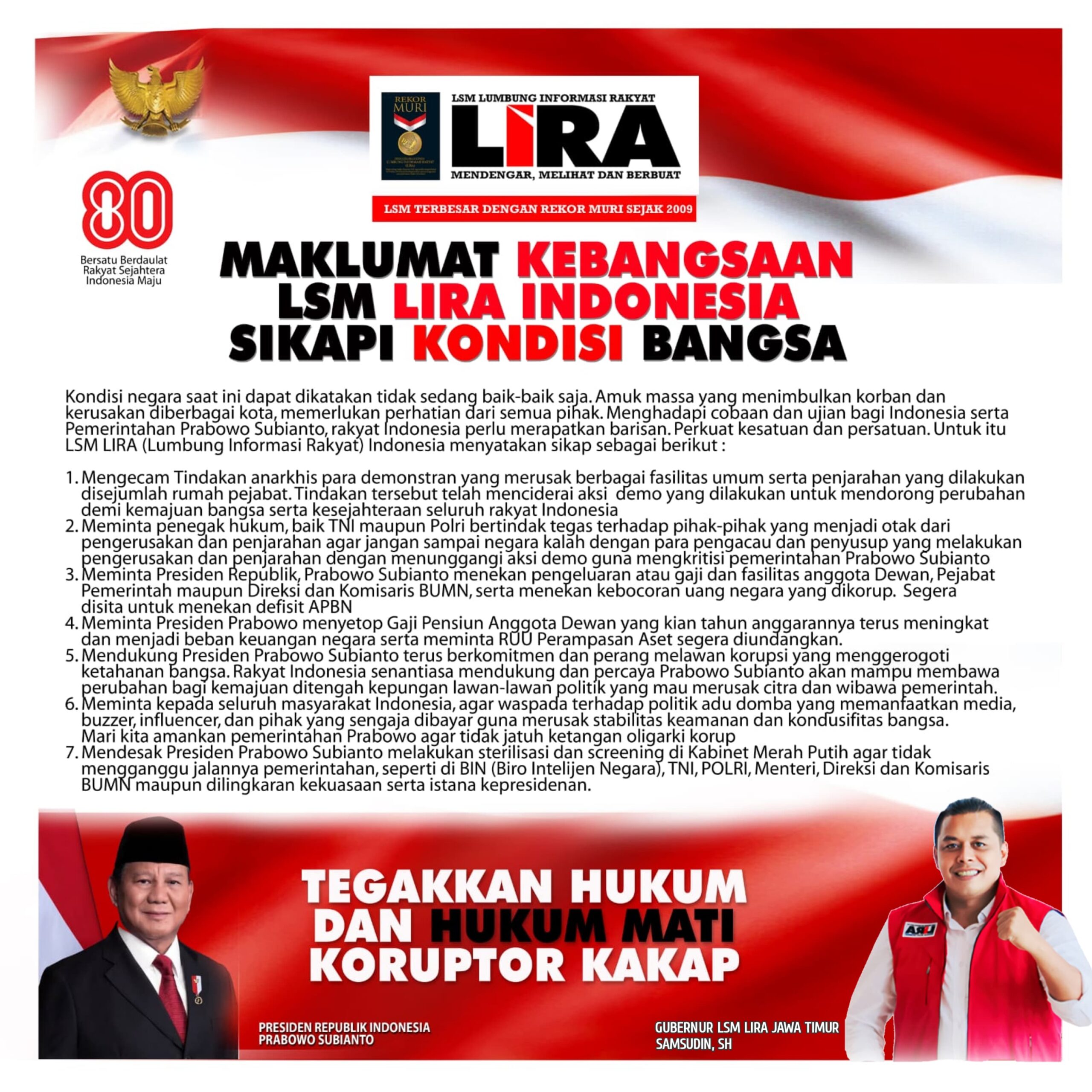 LSM LIRA Indonesia Desak Prabowo Tindak Tegas Dalang Kerusuhan dan Koruptor Kakap