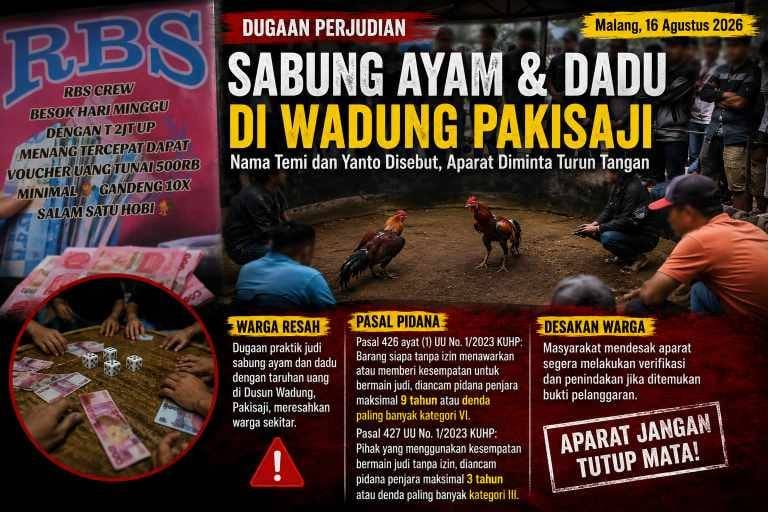 Praktik Judi Sabung Ayam dan Dadu Disebut Berlangsung di Dusun Wadung Pakisaji