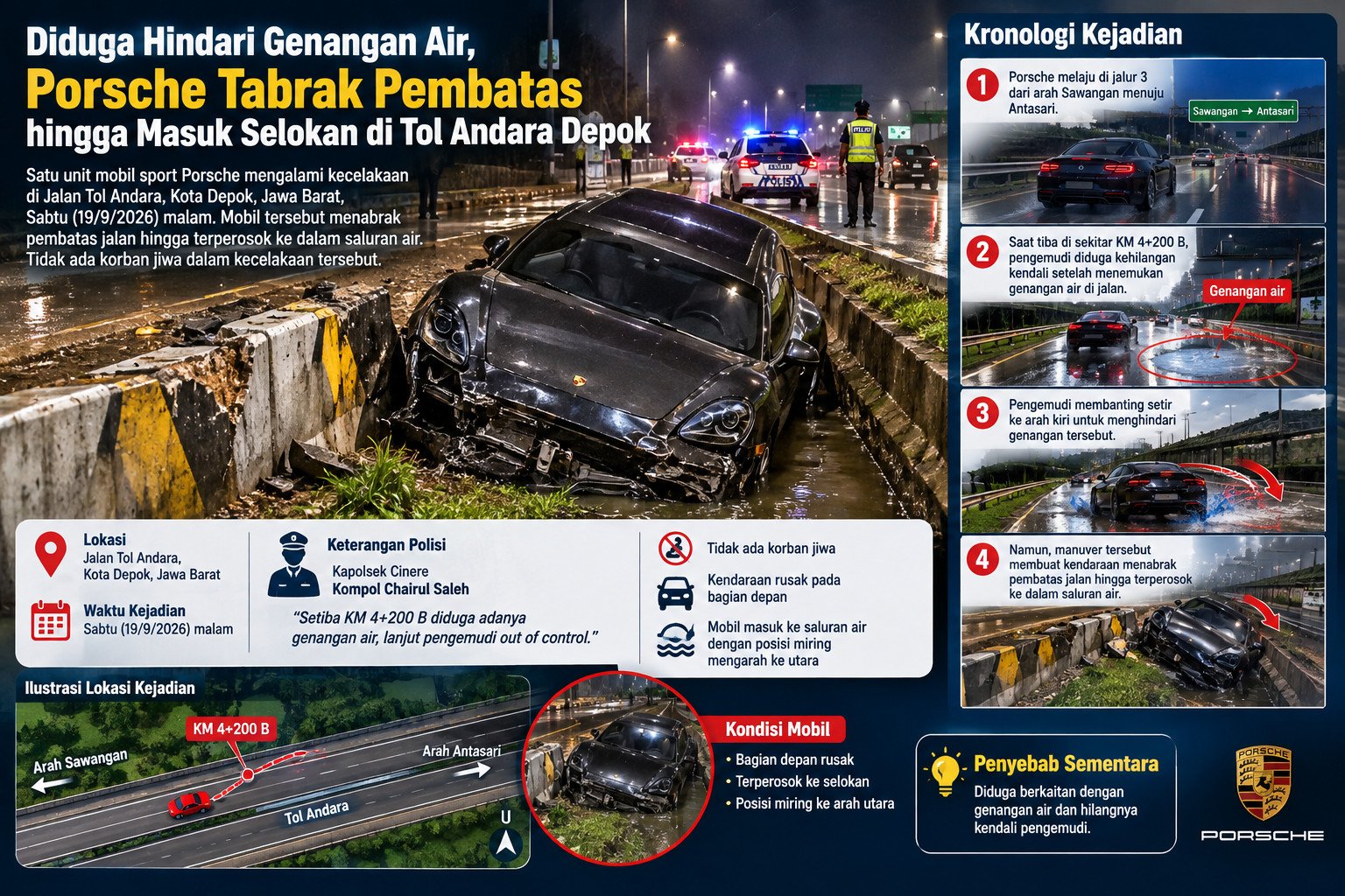Kecelakaan Mobil Sport di Tol Andara, Depok